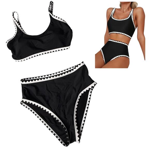 NEW Herseas SWIMSUIT Womens SM Bikini Black White Whip Stitch 2 Piece High Waist - Picture 1 of 11
